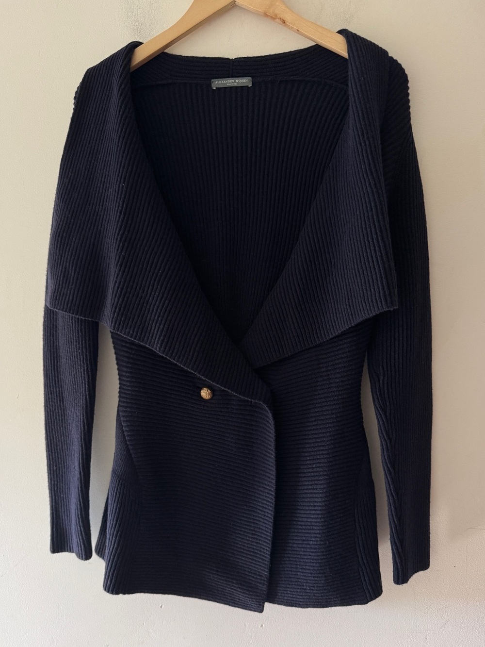 Alexander McQueen Navy Wool Cashmere Ribbed Peplum Cardigan Made in Italy